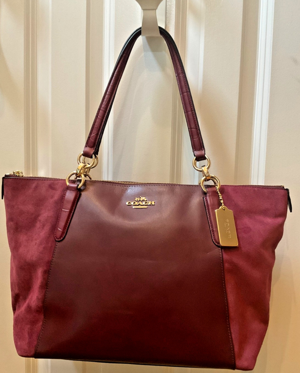 Authentic Coach Ava Tote Burgundy Smooth Leather Suede Croc Trim Shoulder Bag